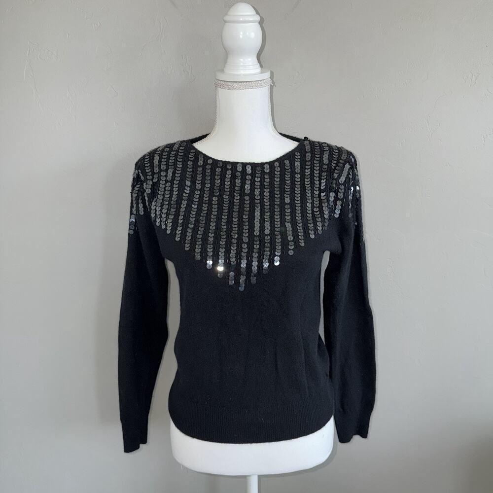 Vintage 80’s Lambswool Angora Women’s Sweater Small Black Sequins Shoulder Pads - Picture 1 of 12